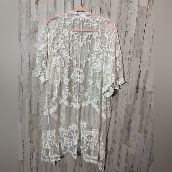 White Floral Lace Sheer Kimono Duster Cardigan Boho Festival Medium - Picture 5 of 5